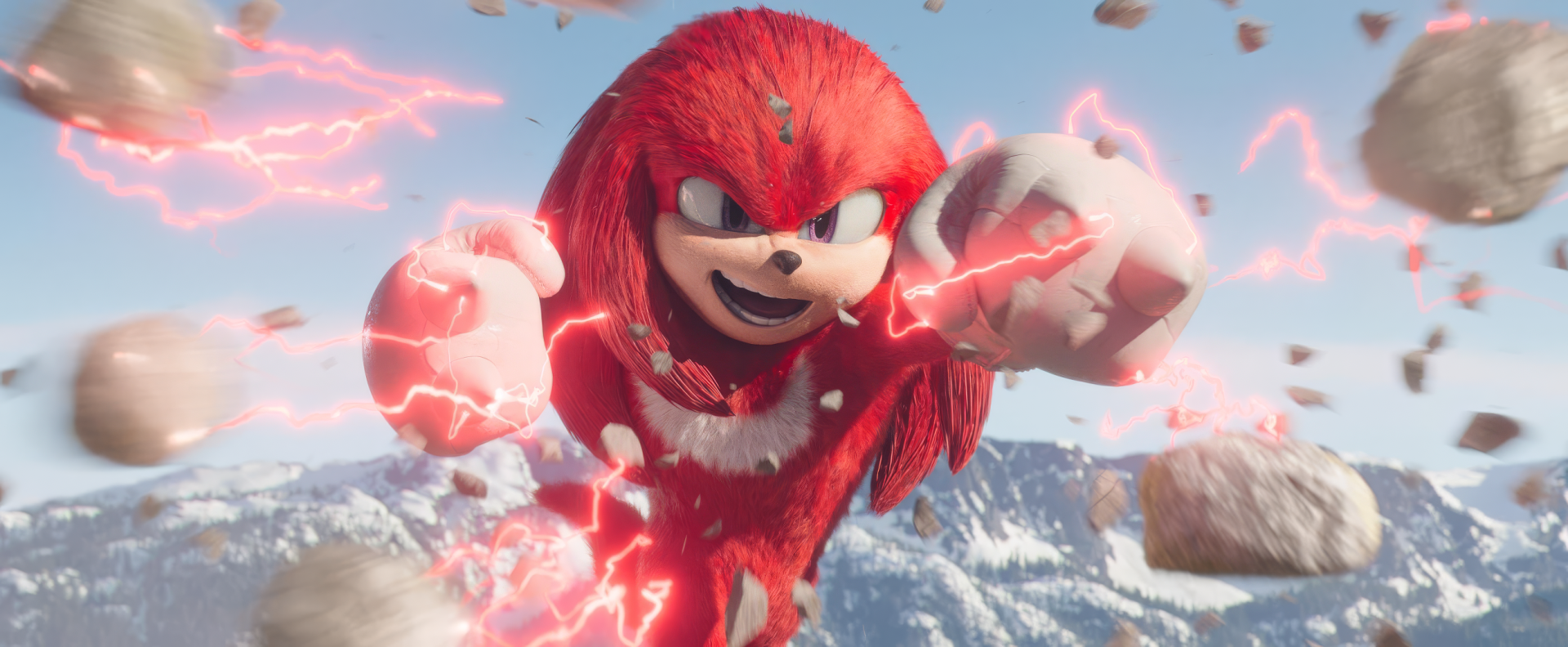 HD wallpaper featuring Knuckles the Echidna from a TV show, depicted with glowing fists, surrounded by energy effects, set against a snowy mountainous backdrop.