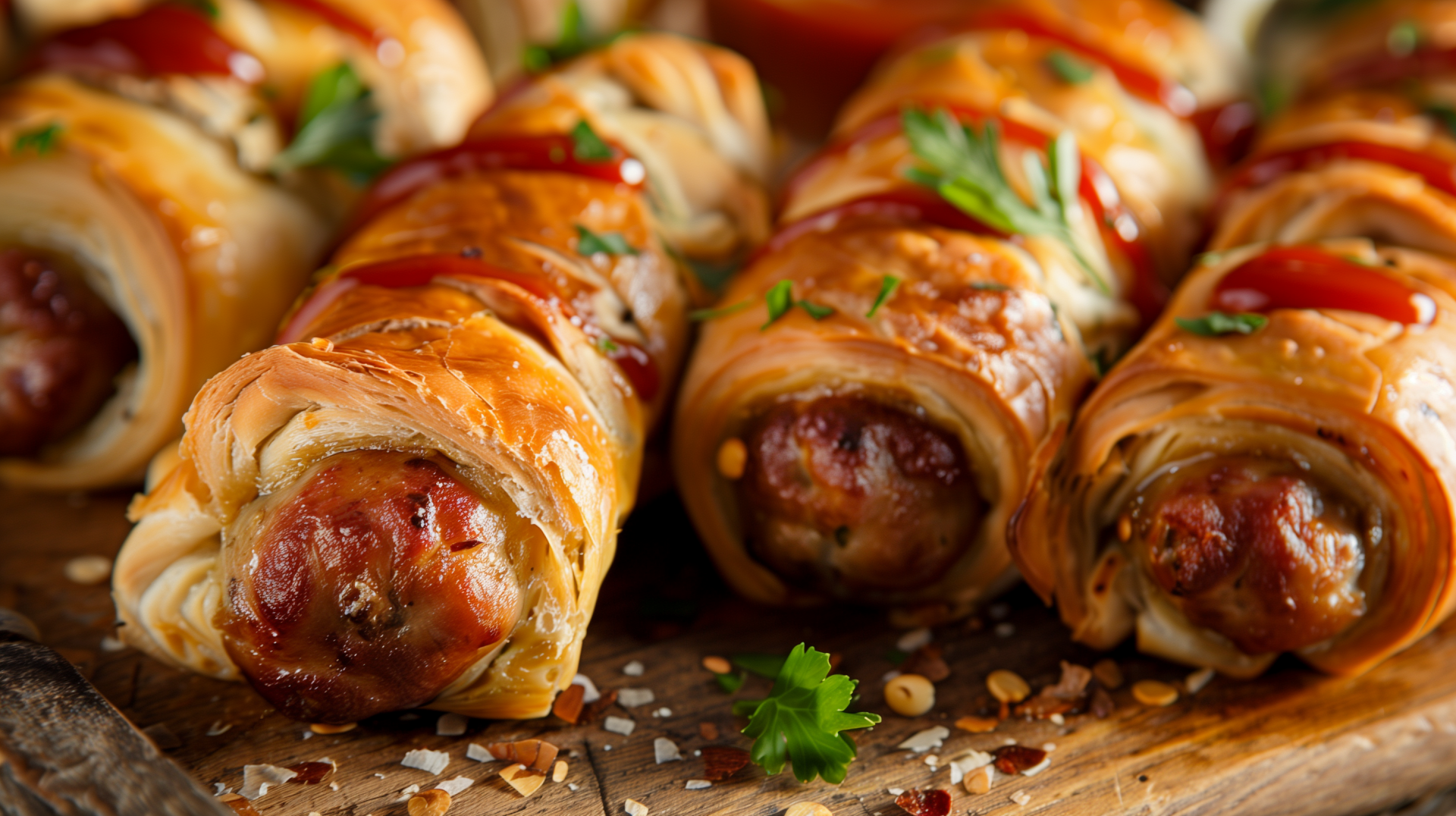 HD desktop wallpaper featuring a close-up view of freshly baked pigs in a blanket garnished with herbs and spices.