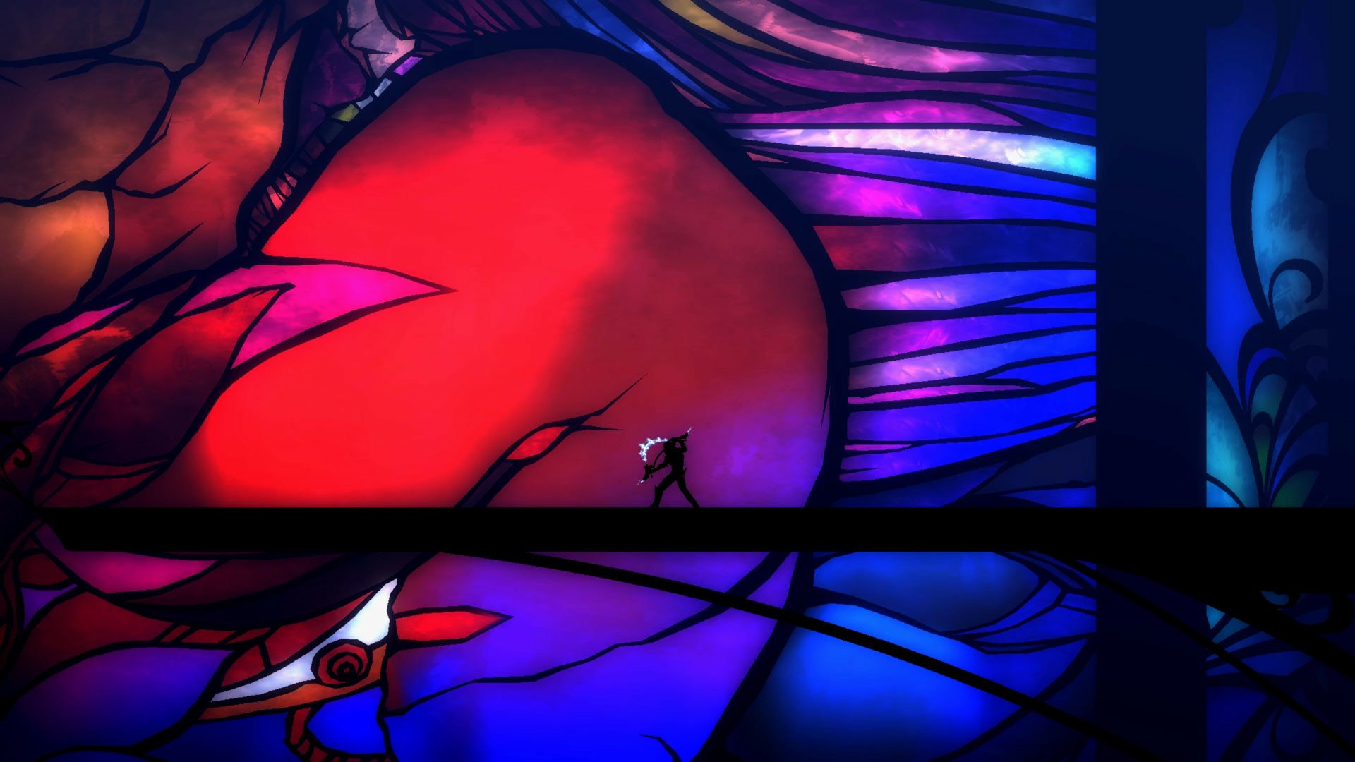 HD desktop wallpaper featuring a vivid, artistic scene from 'El Shaddai: Ascension of the Metatron' with a character traversing a dramatically colored, stylized landscape.