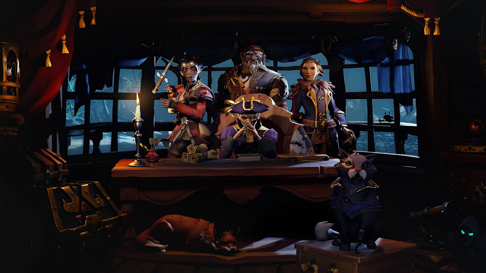 HD wallpaper from Sea of Thieves featuring three pirates and two monkeys inside a dimly lit ship cabin, poised for adventure.