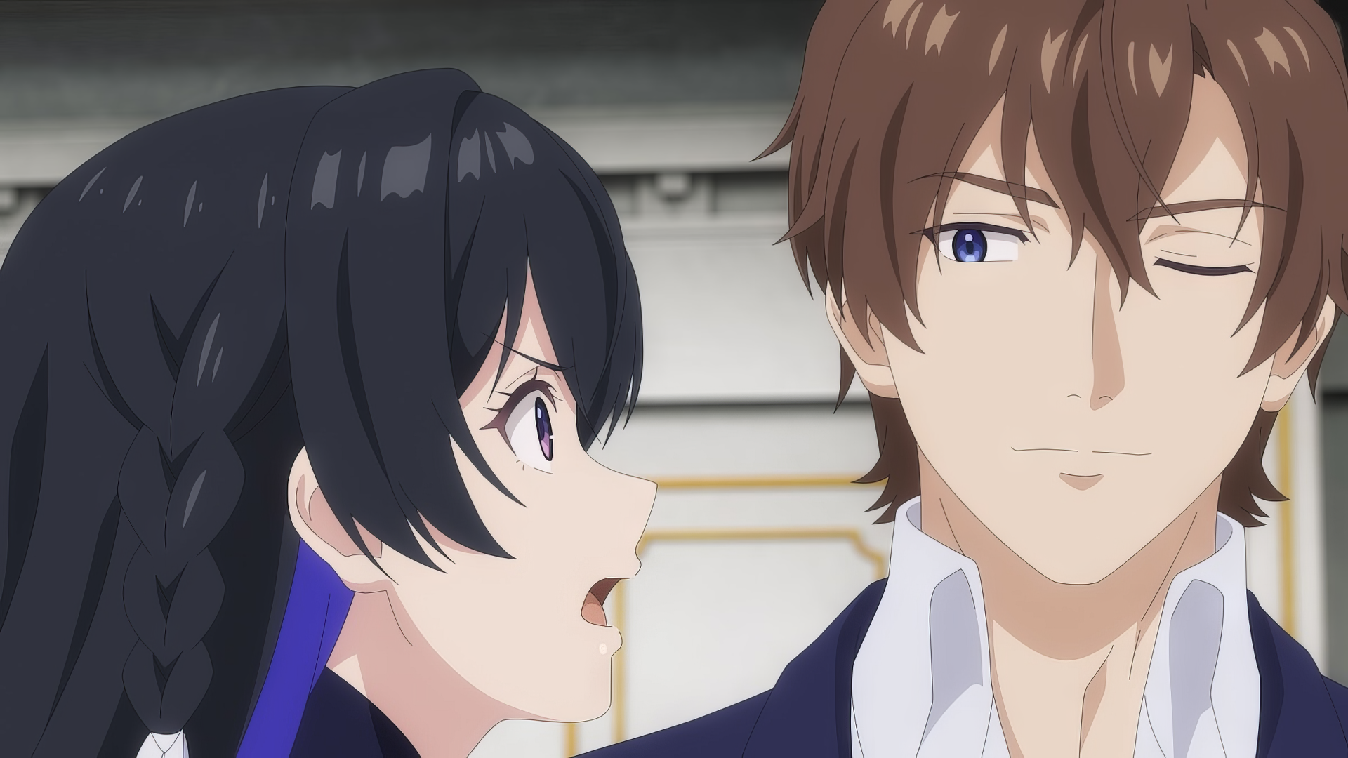 HD desktop wallpaper from Unnamed Memory anime featuring a surprised young woman with black hair talking to a smiling young man with brown hair.