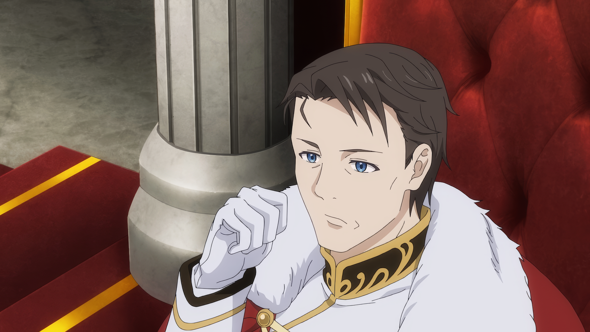 HD desktop wallpaper from Unnamed Memory featuring an anime character in royal attire, thoughtfully posed in a regal setting.