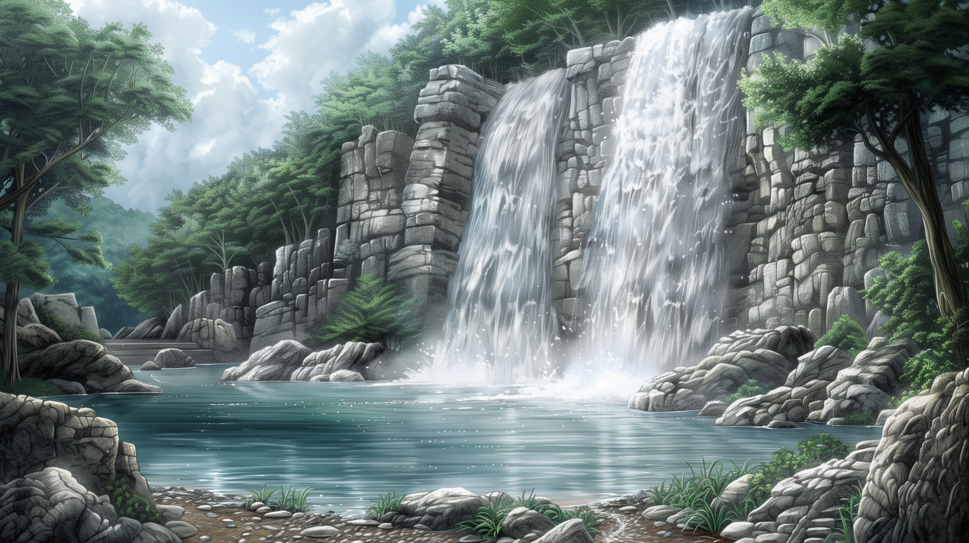 HD desktop wallpaper featuring a vivid landscape of a majestic waterfall cascading into a serene blue pool, surrounded by lush greenery and rugged stone formations.