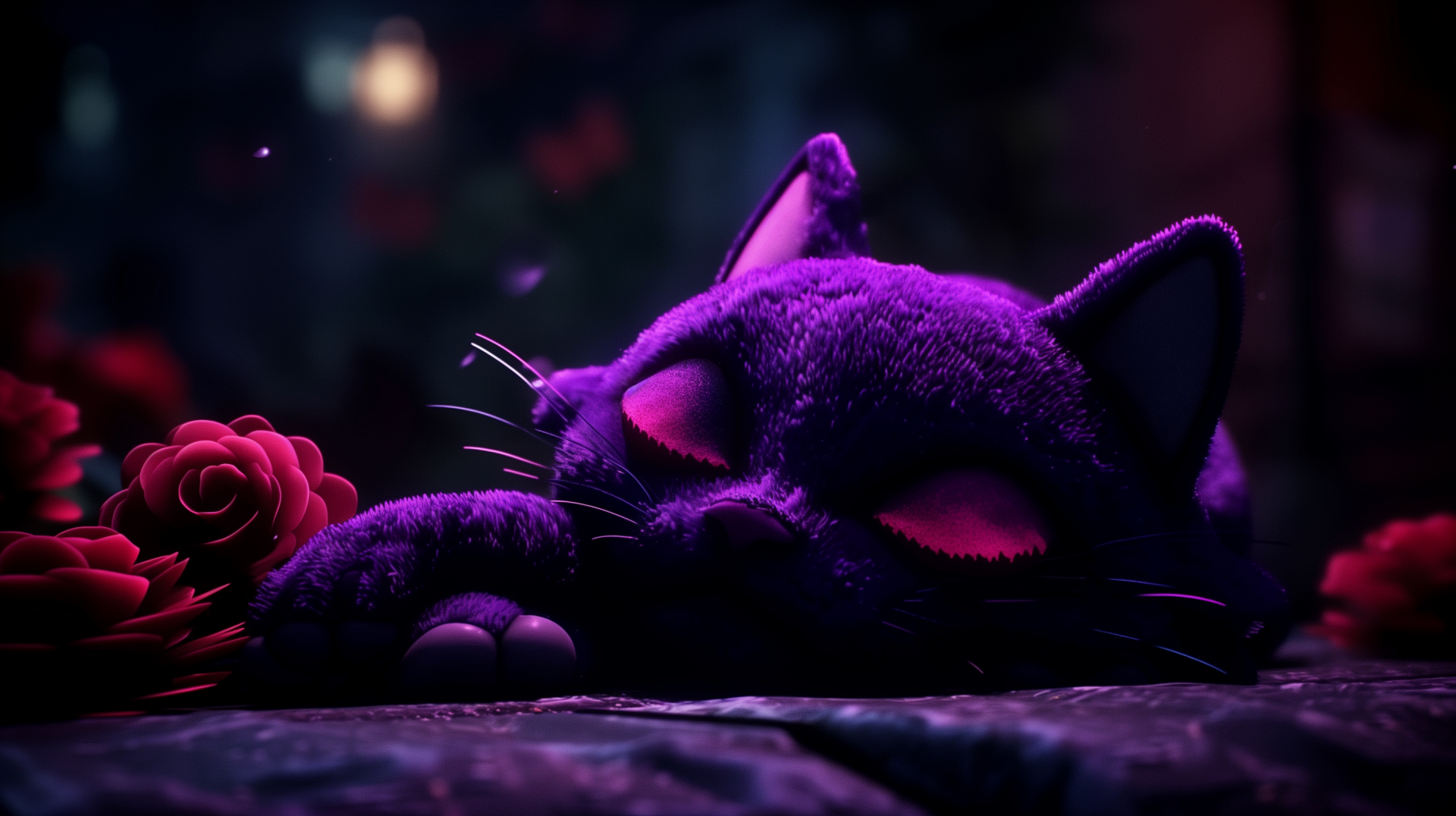 HD wallpaper featuring CatNap from Poppy Playtime, sleeping peacefully among roses in a moody, dimly lit scene.