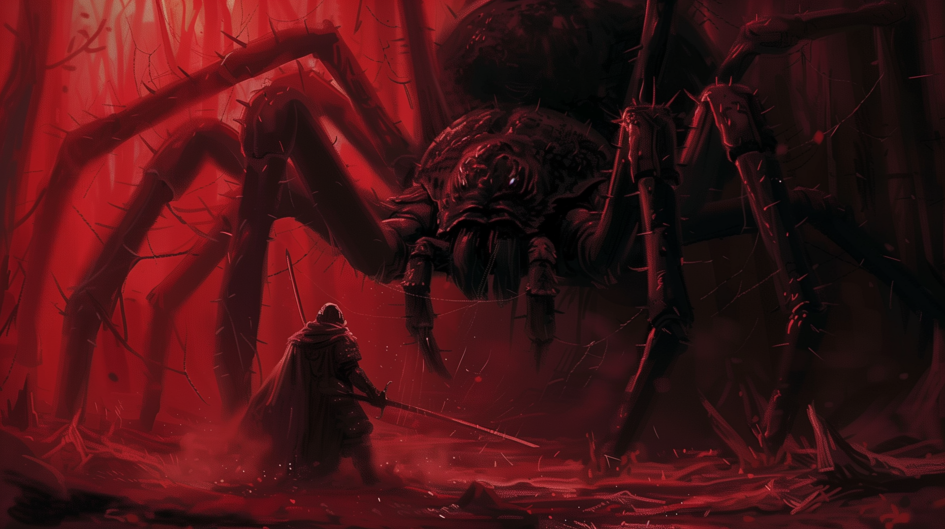 HD desktop wallpaper depicting a fantasy warrior confronting a giant spider in a red, ominous forest.