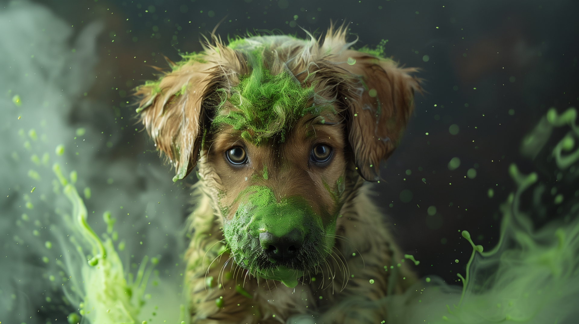 HD desktop wallpaper featuring a curious puppy with green paint on its face against a dark, speckled background.