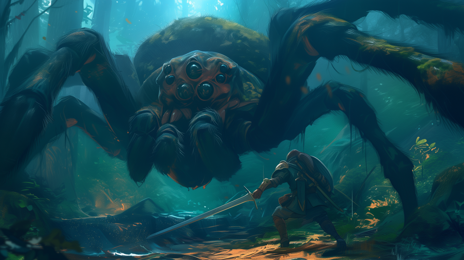 HD fantasy wallpaper depicting a brave warrior confronting a giant spider in a mystical forest.
