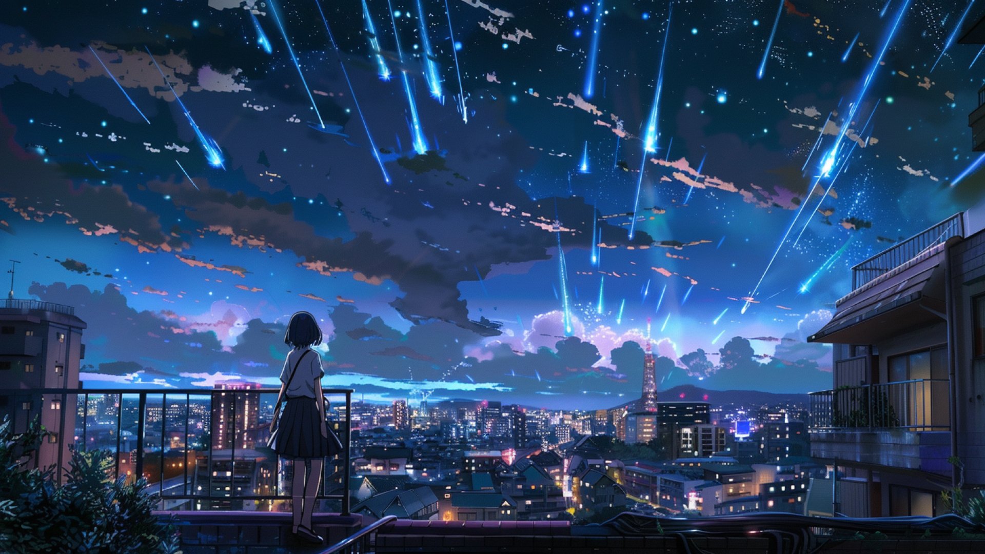 Animated nighttime cityscape with a person overlooking a vibrant urban skyline under a meteor shower, blending music and city vibes in an HD PC desktop wallpaper.