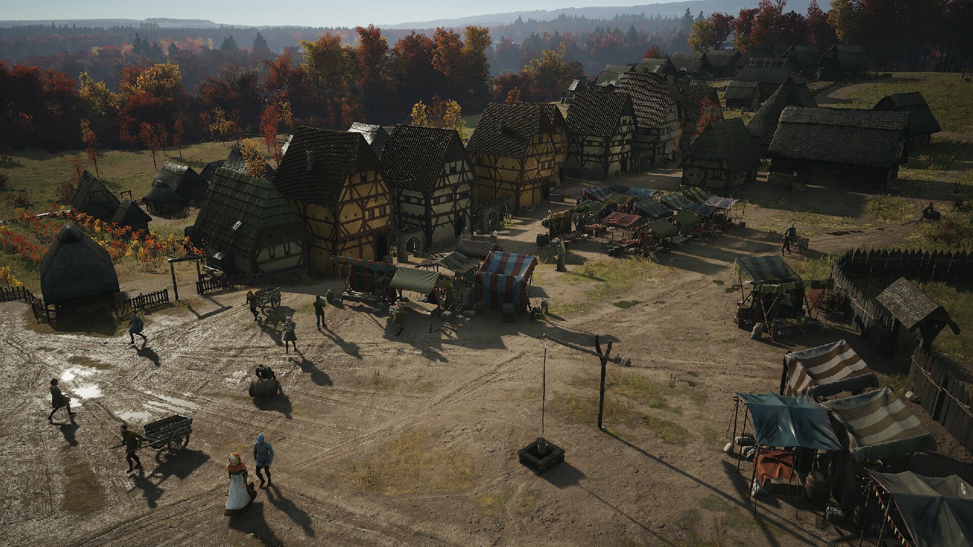 HD wallpaper of a medieval village scene from the video game Manor Lords, showcasing timbered buildings and villagers on a sunlit day.