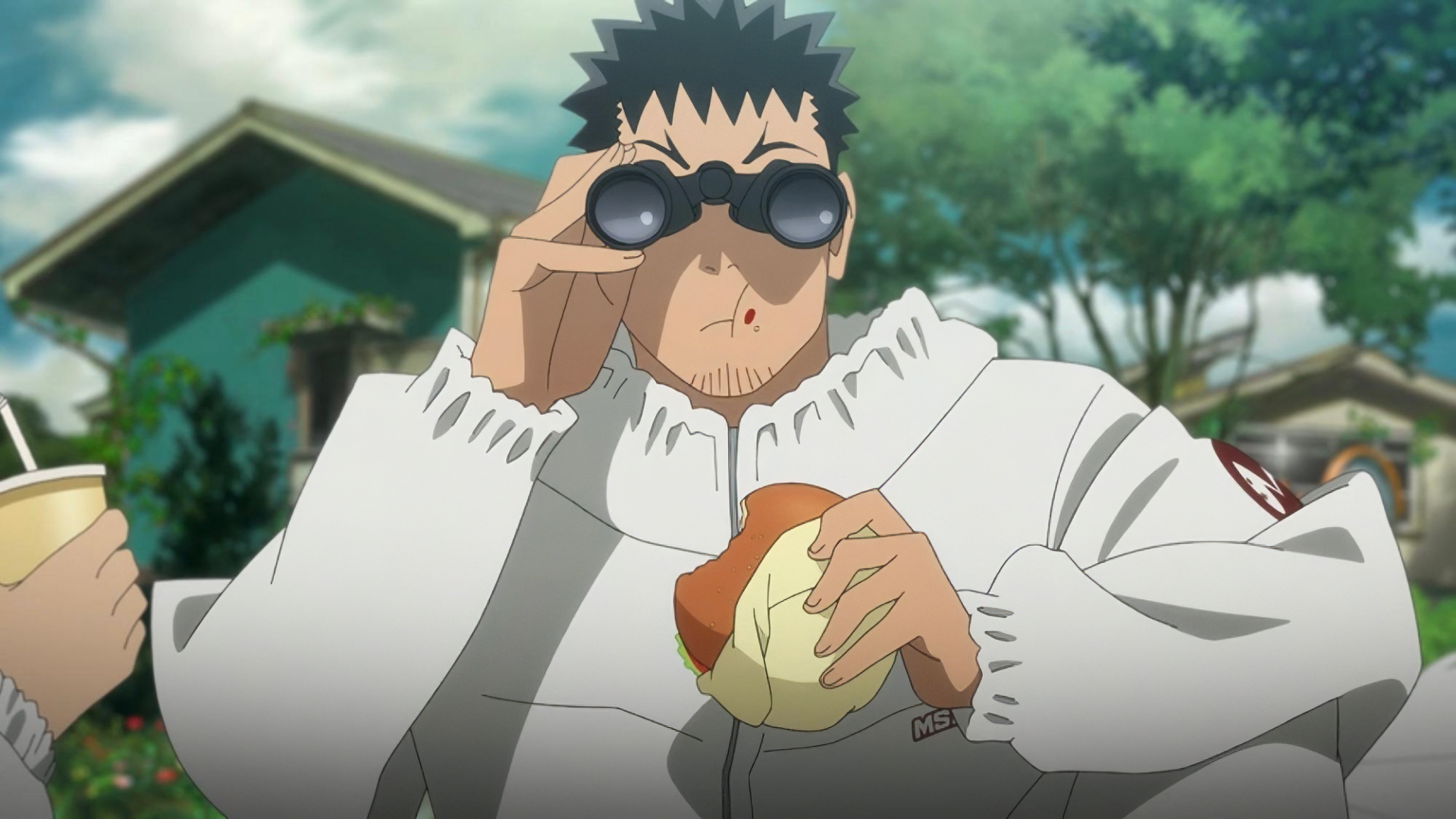 HD wallpaper featuring Kafka Hibino from Kaiju No. 8, adjusting his sunglasses and holding a sandwich.
