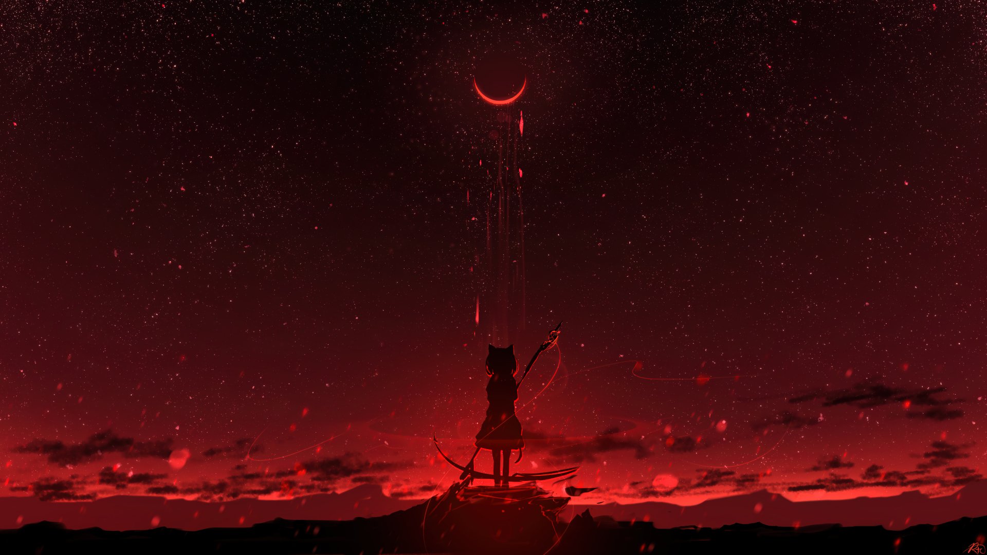 A striking anime girl under a blood moon - a cool and captivating HD desktop wallpaper and background.