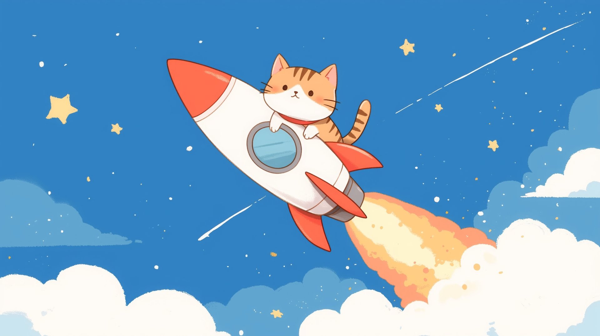 A cute cat rides a rocket through a starry sky, leaving a trail of flames behind. This vibrant image makes for a delightful HD desktop wallpaper.