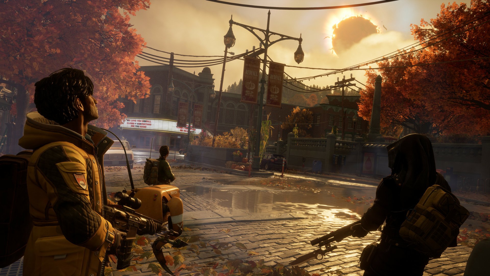 HD desktop wallpaper featuring characters from the video game Redfall, exploring a sunlit street with autumn leaves.