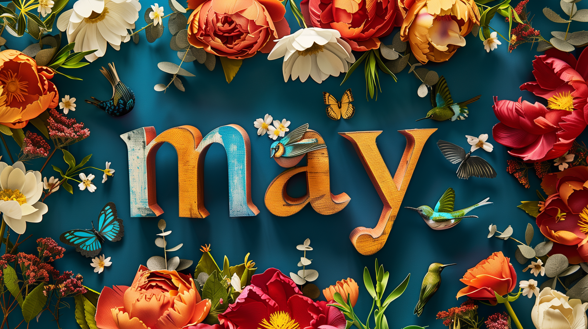 HD desktop wallpaper for May featuring the word May surrounded by vibrant flowers and fluttering butterflies on a teal background.