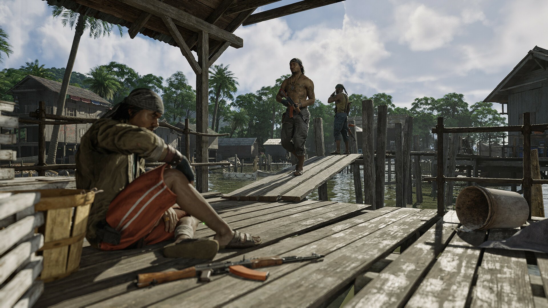 HD desktop wallpaper from the video game Gray Zone Warfare featuring characters on a wooden dock in a tropical setting.