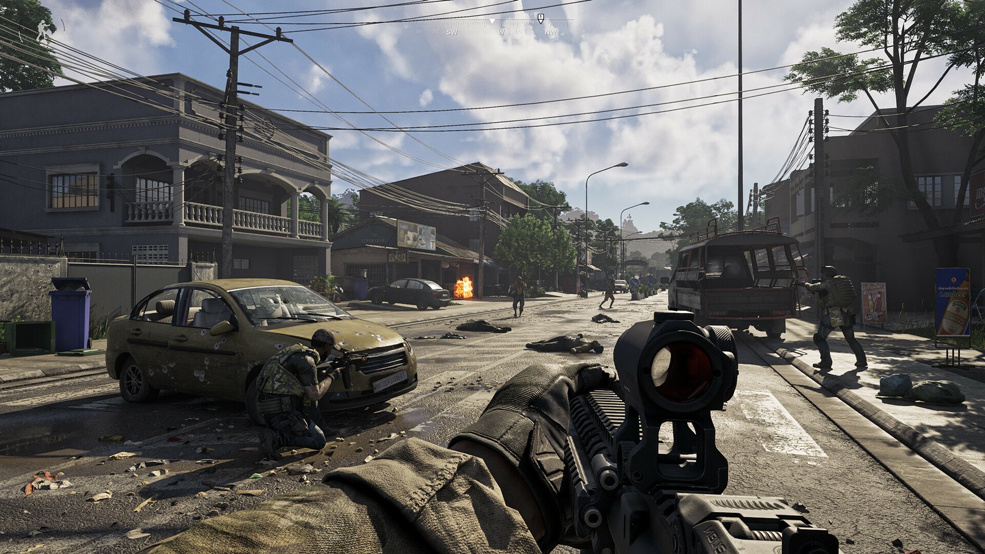 HD desktop wallpaper of a scene from the video game Gray Zone Warfare, showing a first-person view in a war-ravaged urban street.