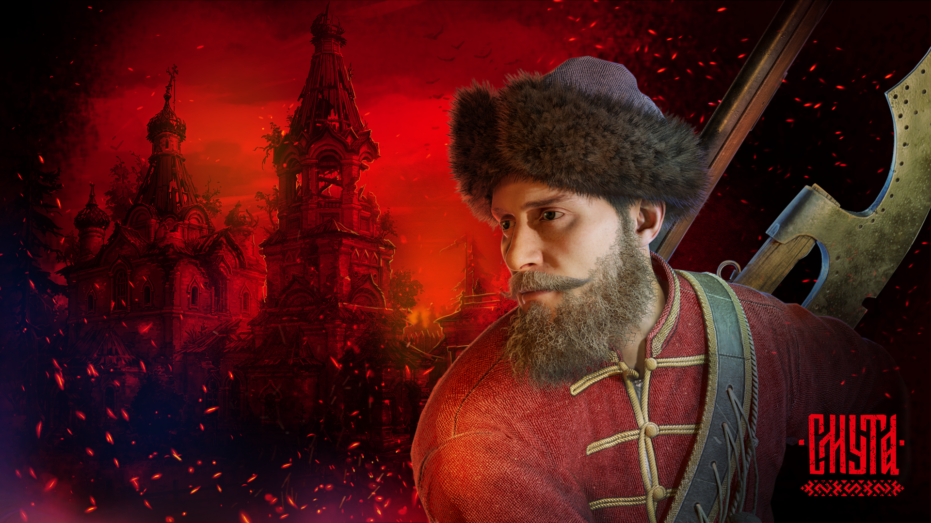 HD desktop wallpaper featuring a character from the video game 'Smuta' set against a vivid red backdrop with intricate architecture.