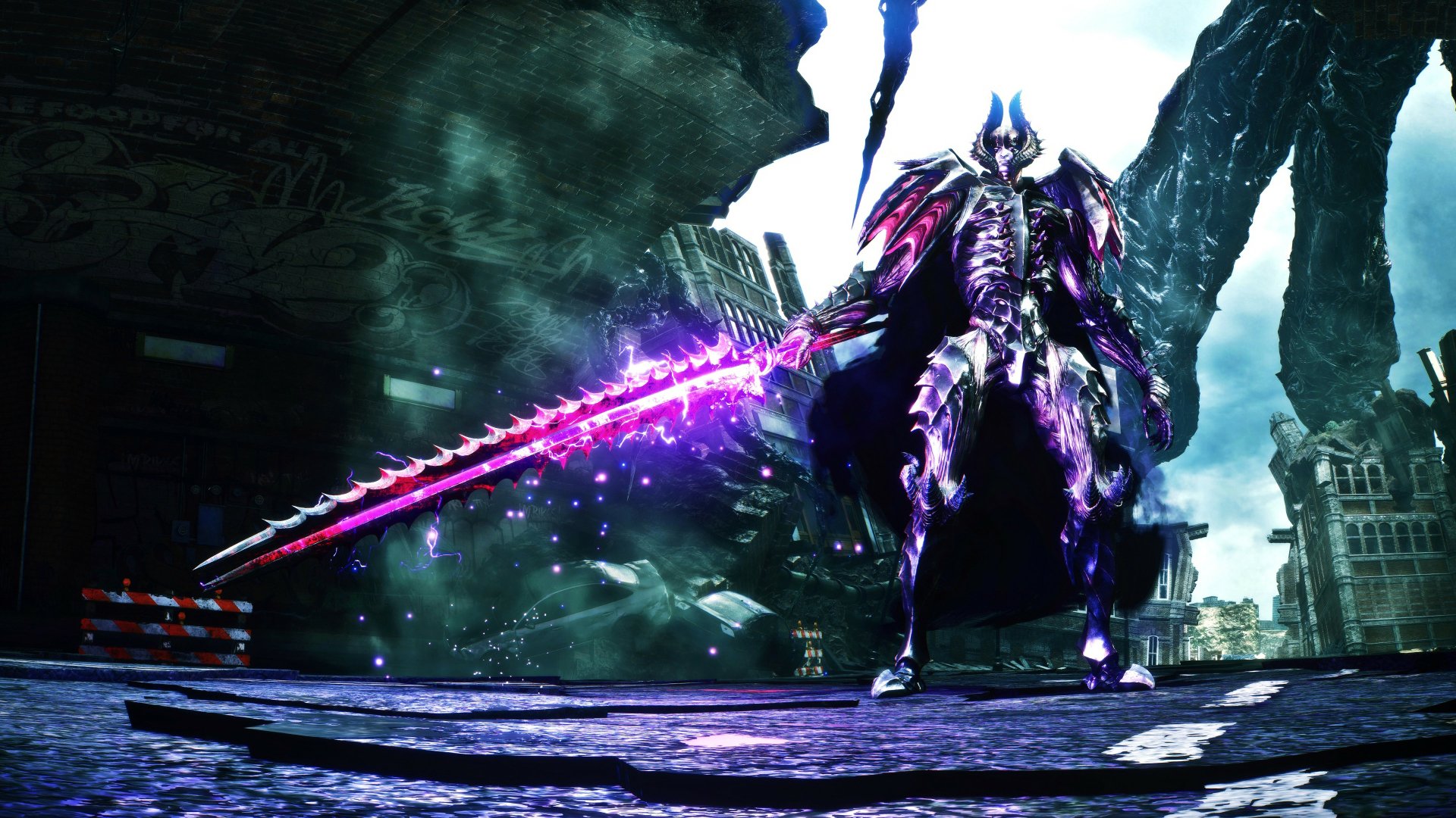 HD desktop wallpaper featuring a character from Devil May Cry 5 wielding a glowing purple sword in a dynamic pose, set in an urban environment.