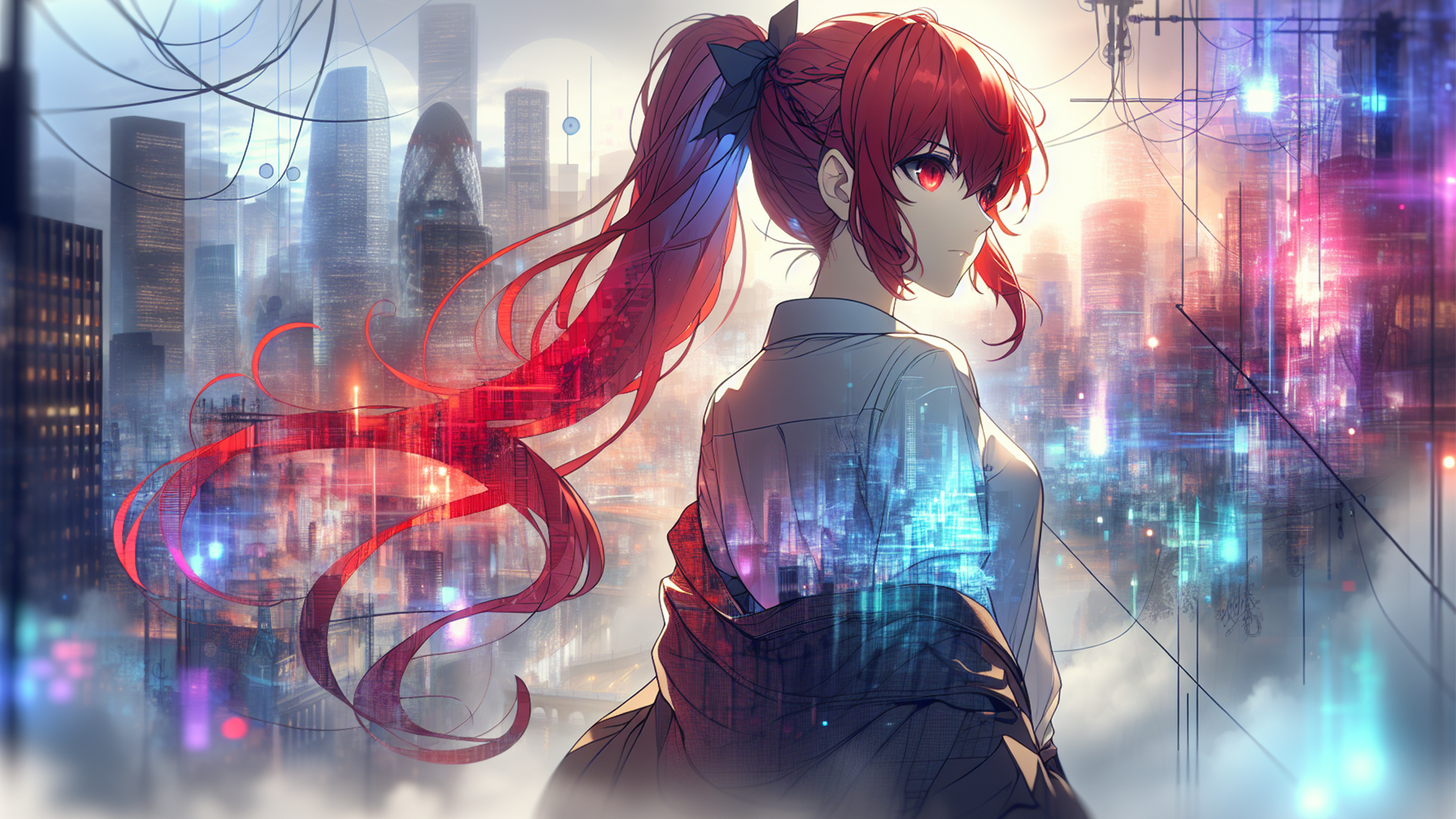 Anime girl with long red hair stands against a futuristic cityscape at sunset, showcased in this HD PC desktop wallpaper from Wallpaper Abyss.