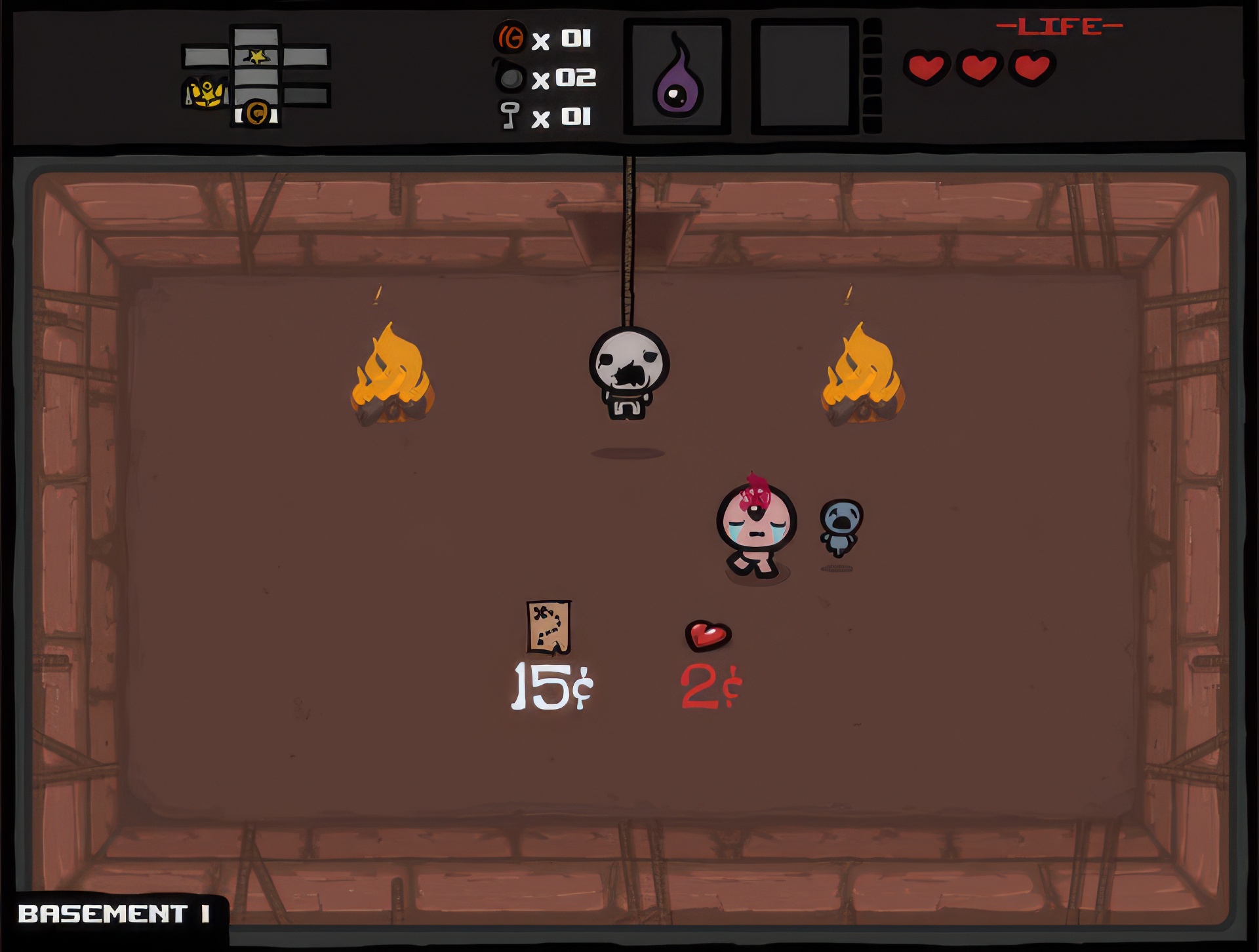 HD desktop wallpaper from The Binding of Isaac video game featuring characters Isaac and a shopkeeper in a game room with price tags and flames.