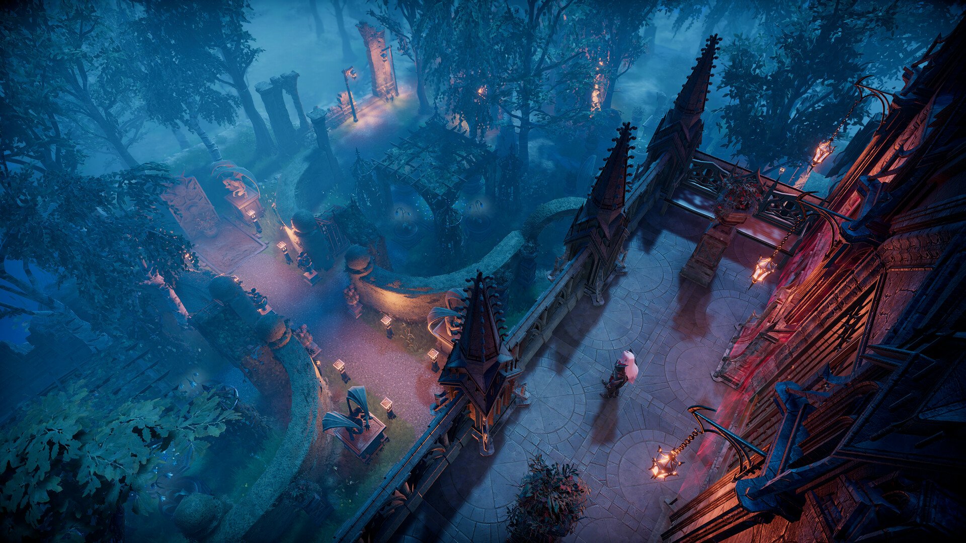 HD desktop wallpaper from the video game V Rising, showcasing a mystical forest village at twilight.