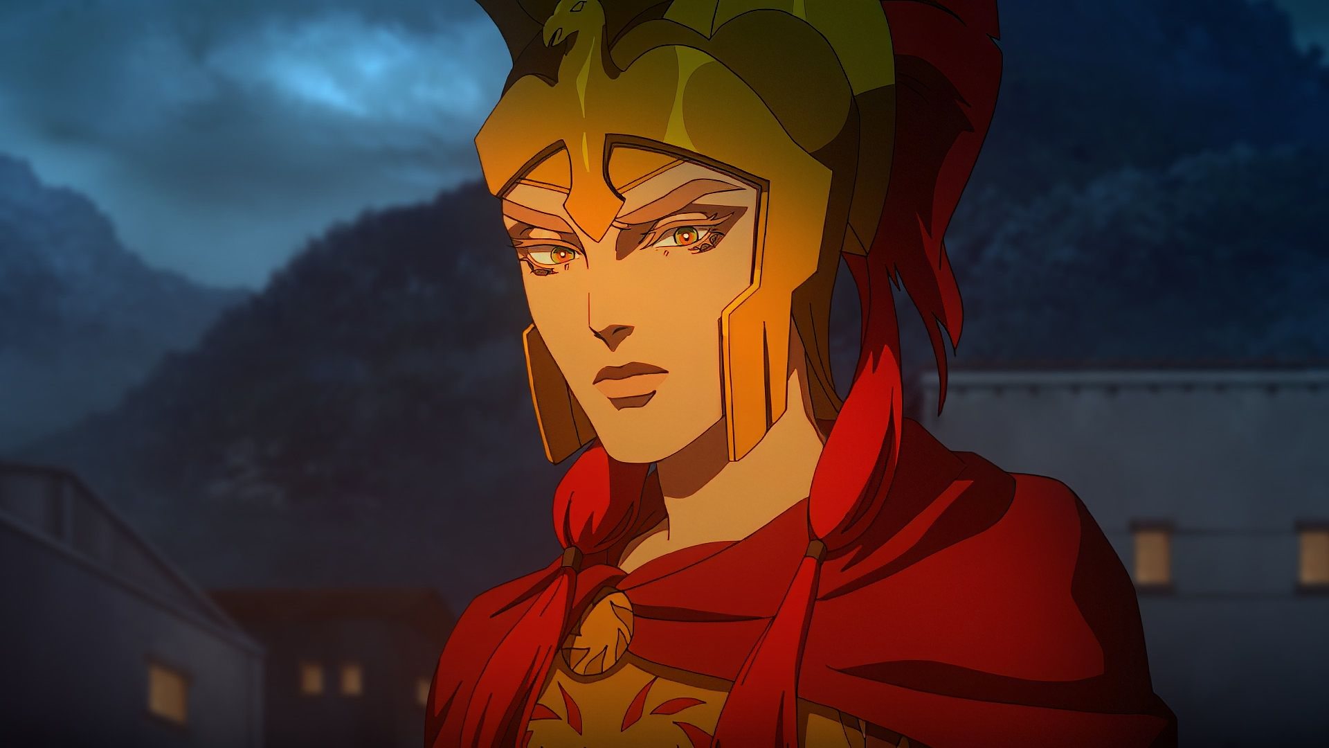 HD wallpaper featuring a character from the anime Blood of Zeus with intense expression, set against a twilight backdrop.