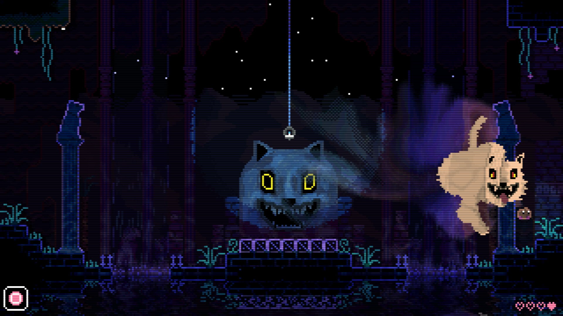 HD desktop wallpaper from the video game Animal Well featuring a stylized pixel art scene with a large ghostly cat facing a smaller creature in a mysterious, dark forest setting.