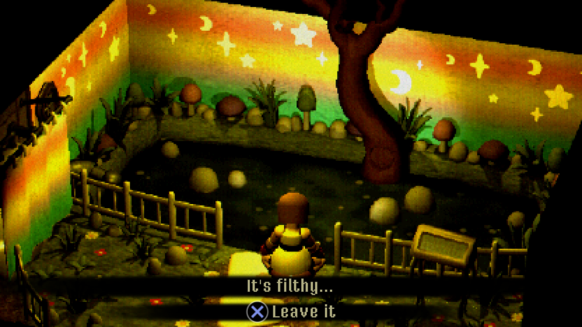 HD desktop wallpaper from the video game Crow Country depicting a scene with a character in a dimly lit room filled with mushrooms and a tree, complemented by starry wall art.