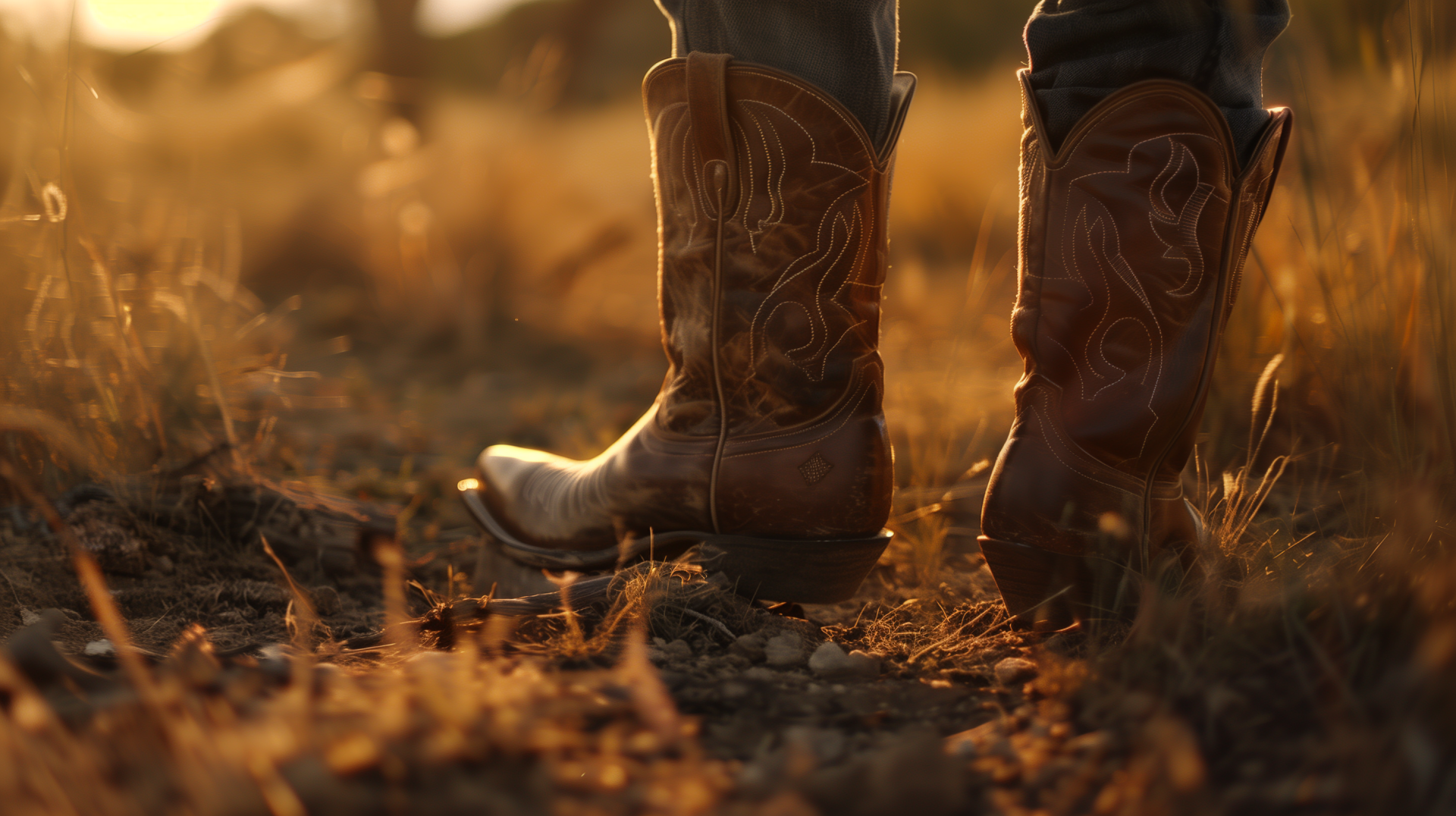 HD desktop wallpaper of cowboy boots in a sunset backdrop, emphasizing intricate designs and a warm, natural setting.