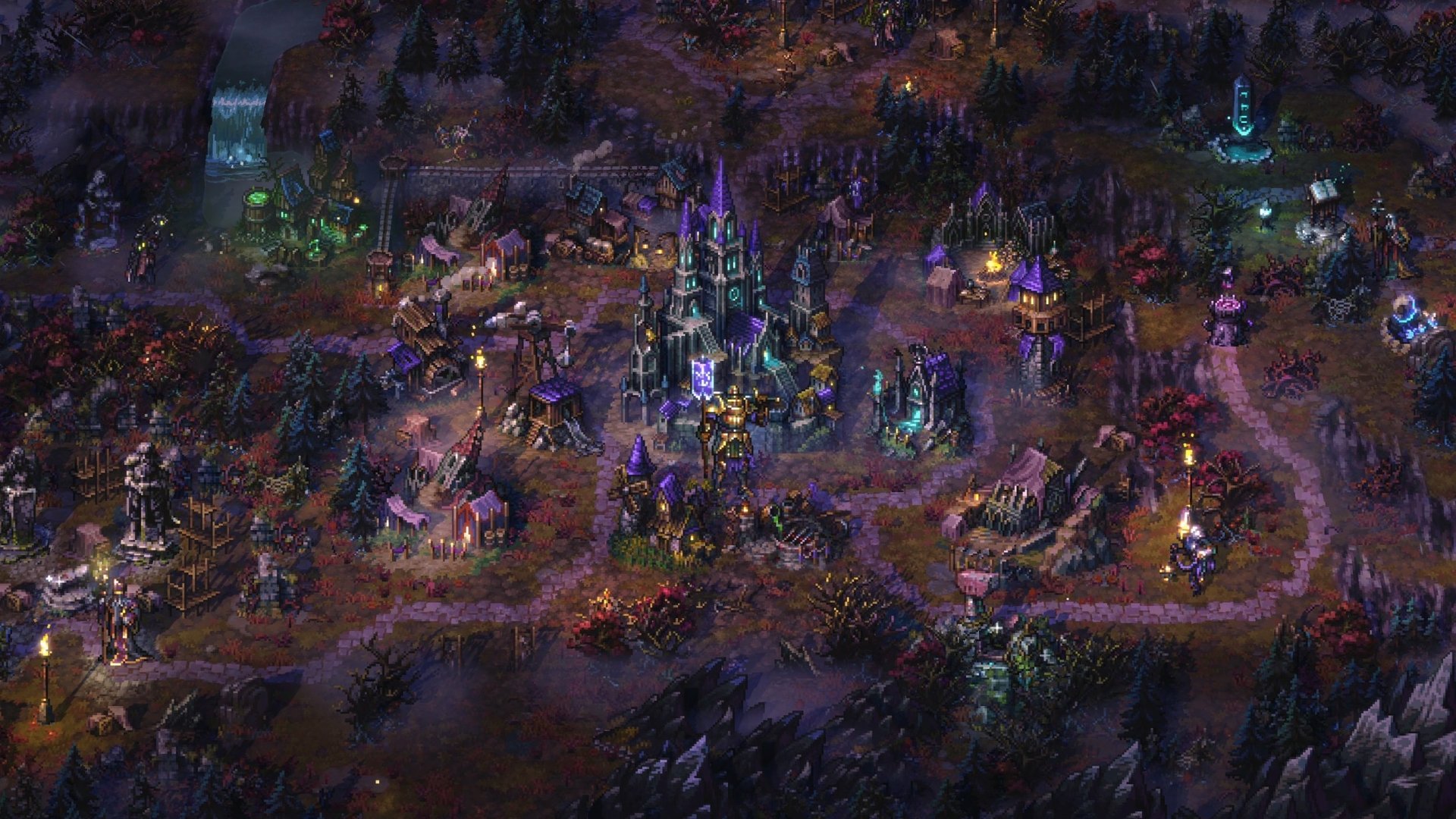 HD desktop wallpaper featuring an intricate landscape from the video game Songs of Conquest, showcasing illuminated medieval-style buildings and pathways surrounded by a forested area.