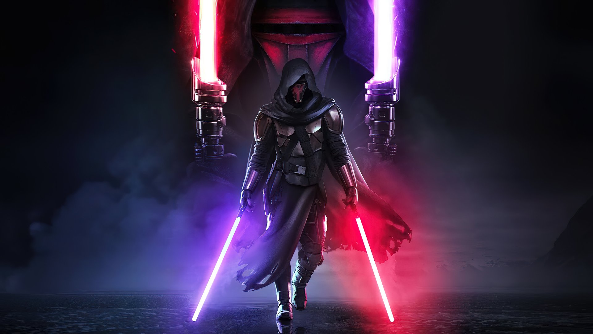 HD desktop wallpaper featuring Darth Revan from Star Wars: Knights of the Old Republic, wielding dual lightsabers in an intense, misty setting with a dark, dramatic background.