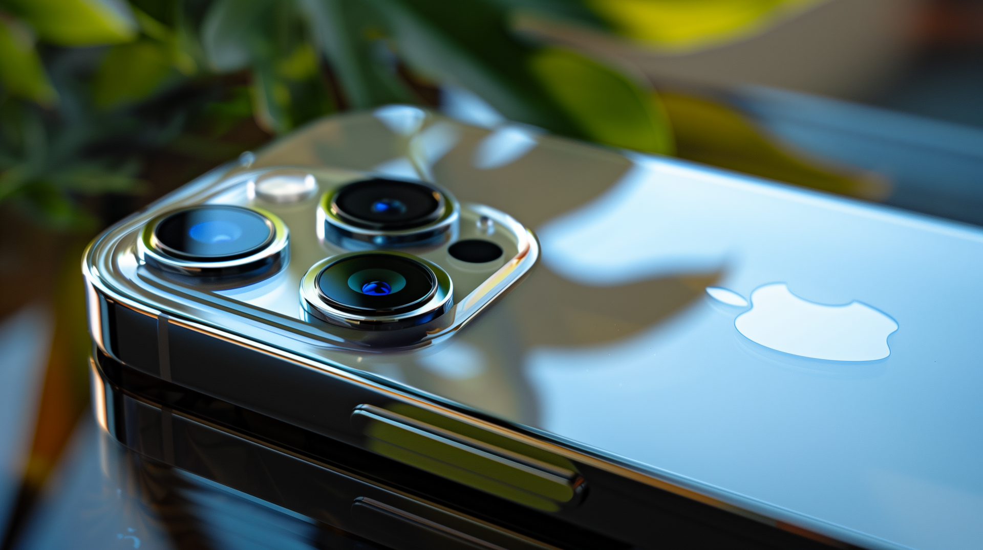 Close-up image of a sleek Apple iPhone resting on a surface, highlighting its camera lenses. The device's reflective surface showcases a minimalist design. HD wallpaper and background featuring modern technology.