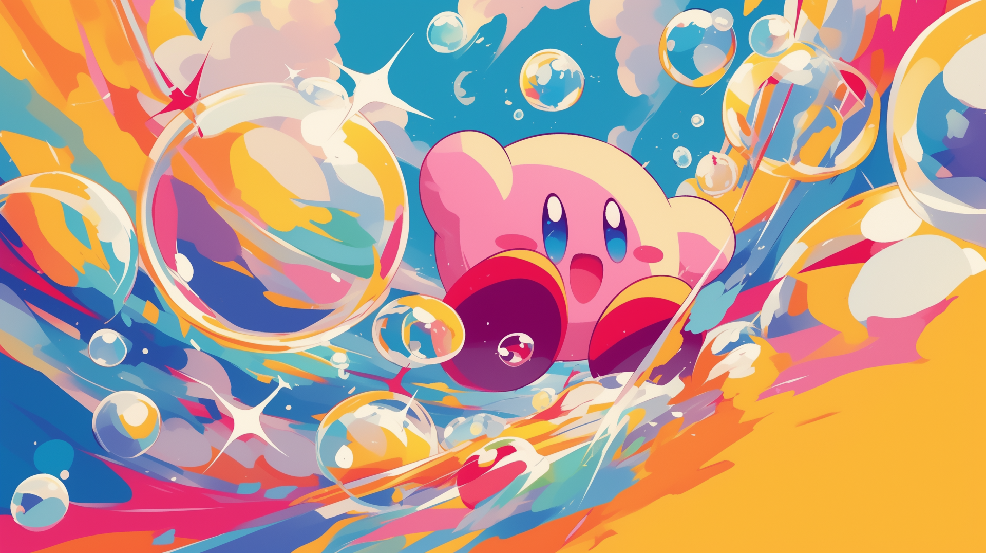 HD desktop wallpaper featuring Kirby surrounded by colorful bubbles and vibrant swirls. The playful image captures a whimsical video game scene.