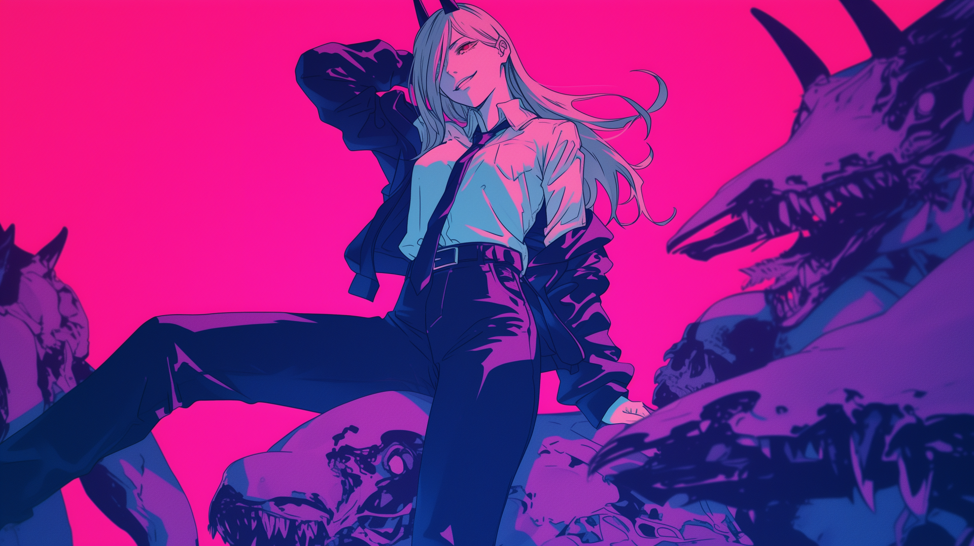 HD desktop wallpaper featuring Power from Chainsaw Man in an anime style. The vibrant pink and blue color scheme adds a dynamic feel to the image.