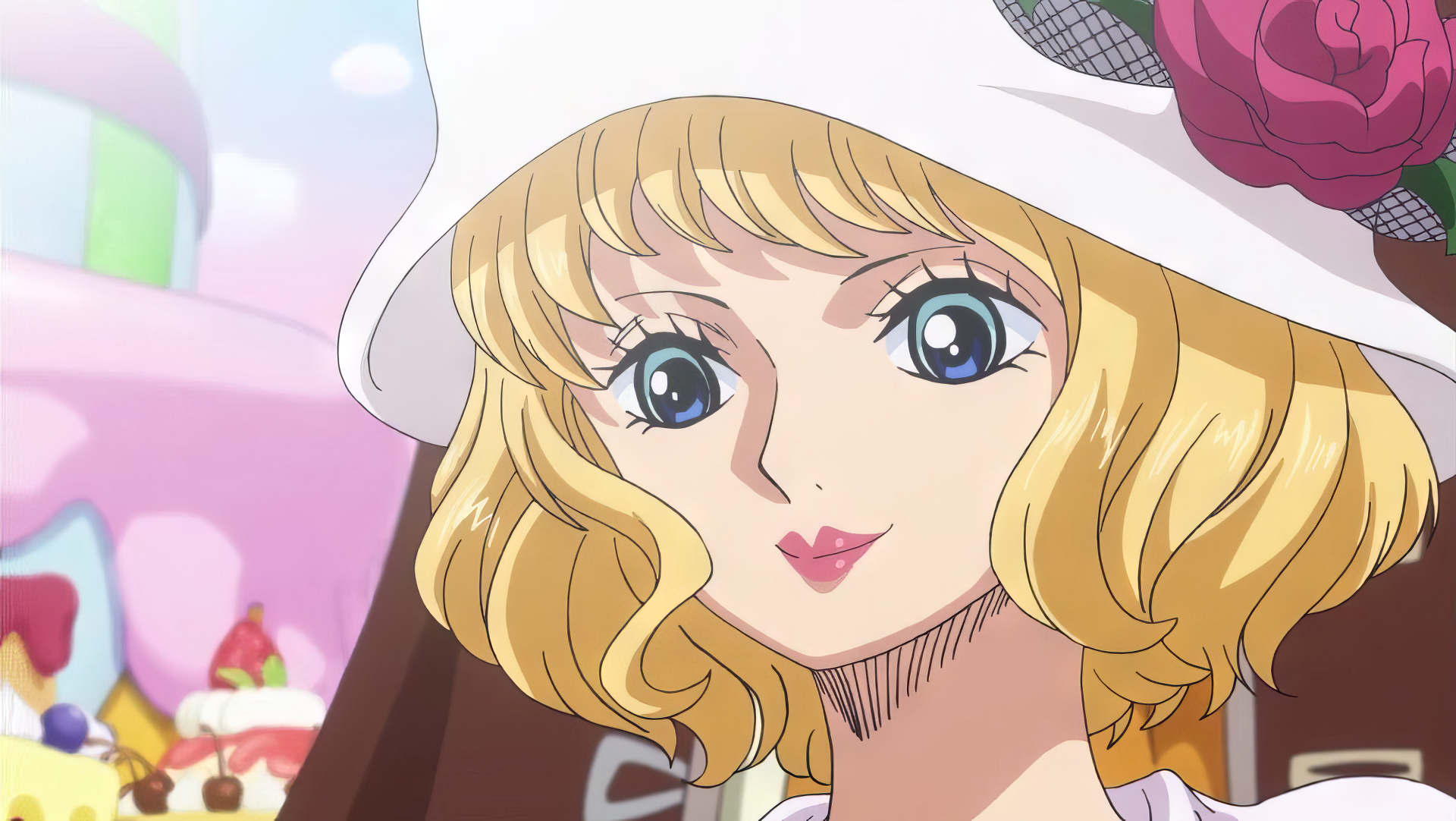 A vibrant HD desktop wallpaper featuring Stussy from One Piece, showcasing her signature blonde hair and stylish hat against a colorful, playful background.