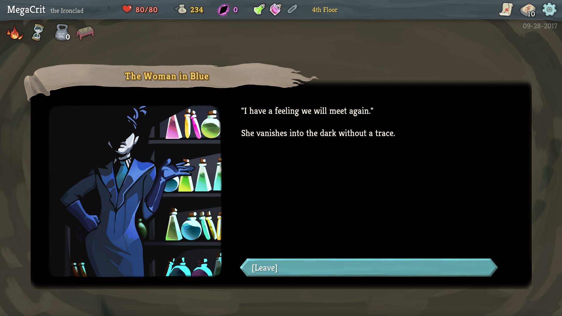 HD desktop wallpaper of the video game Slay the Spire, featuring a dark, mysterious character and text reading, I have a feeling we will meet again. She vanishes into the dark without a trace.