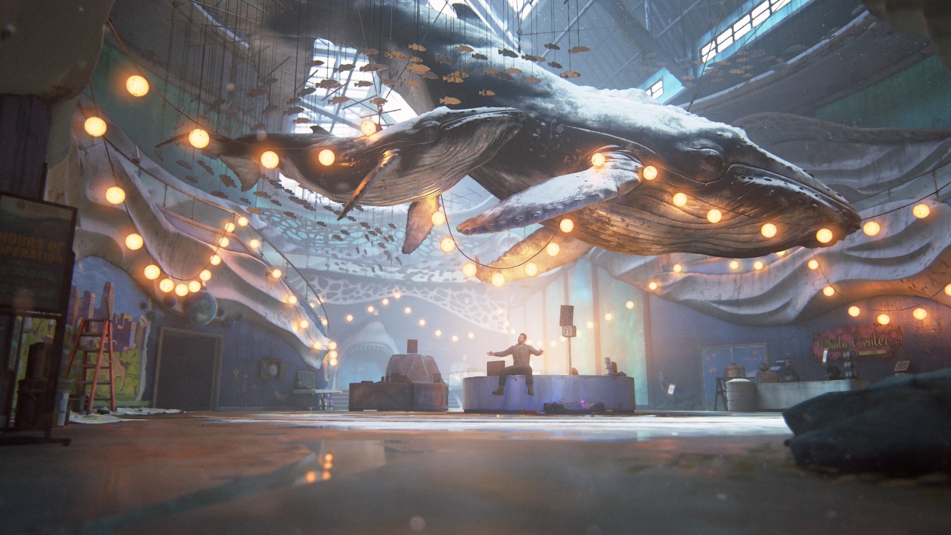 4K Ultra HD PC wallpaper featuring a large whale installation in a dimly lit warehouse, inspired by Owen Moore’s work for The Last of Us Part II.