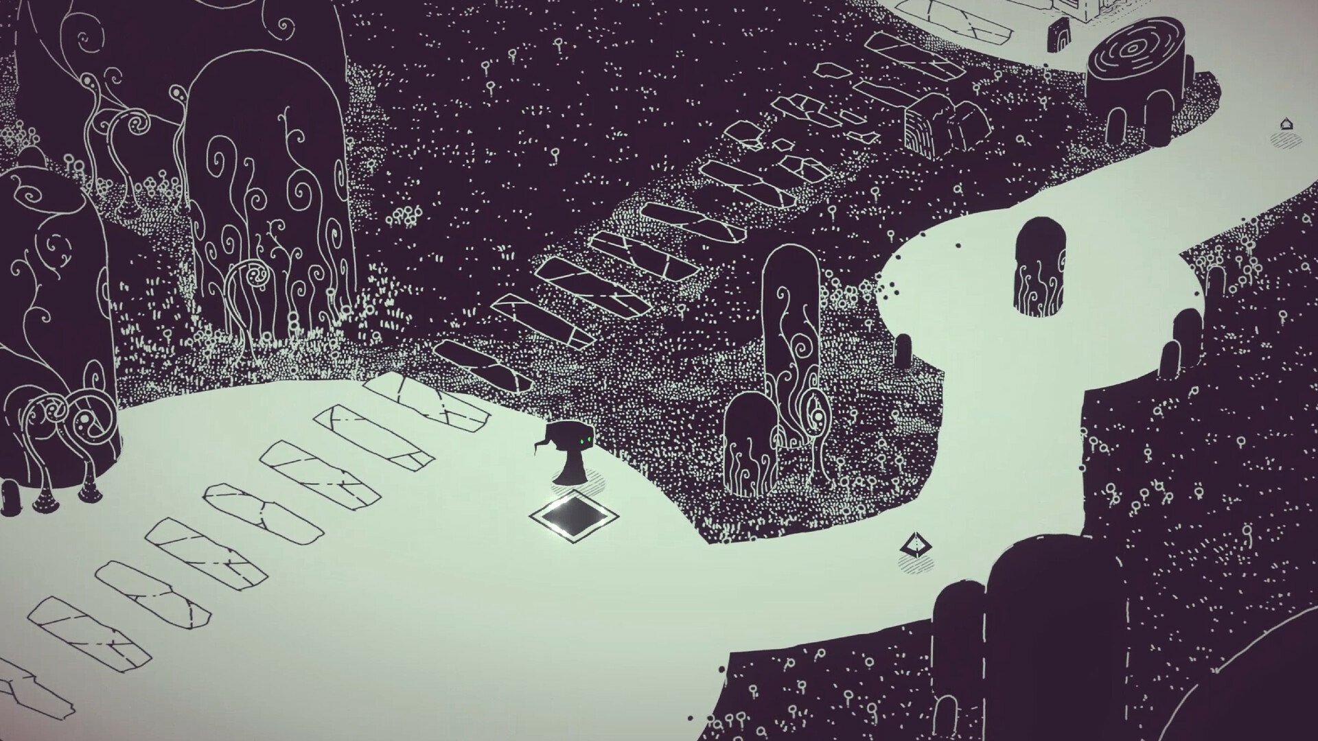 HD desktop wallpaper and background inspired by the video game Hauntii. The monochrome image features an eerie, stylized landscape with winding paths and abstract structures.