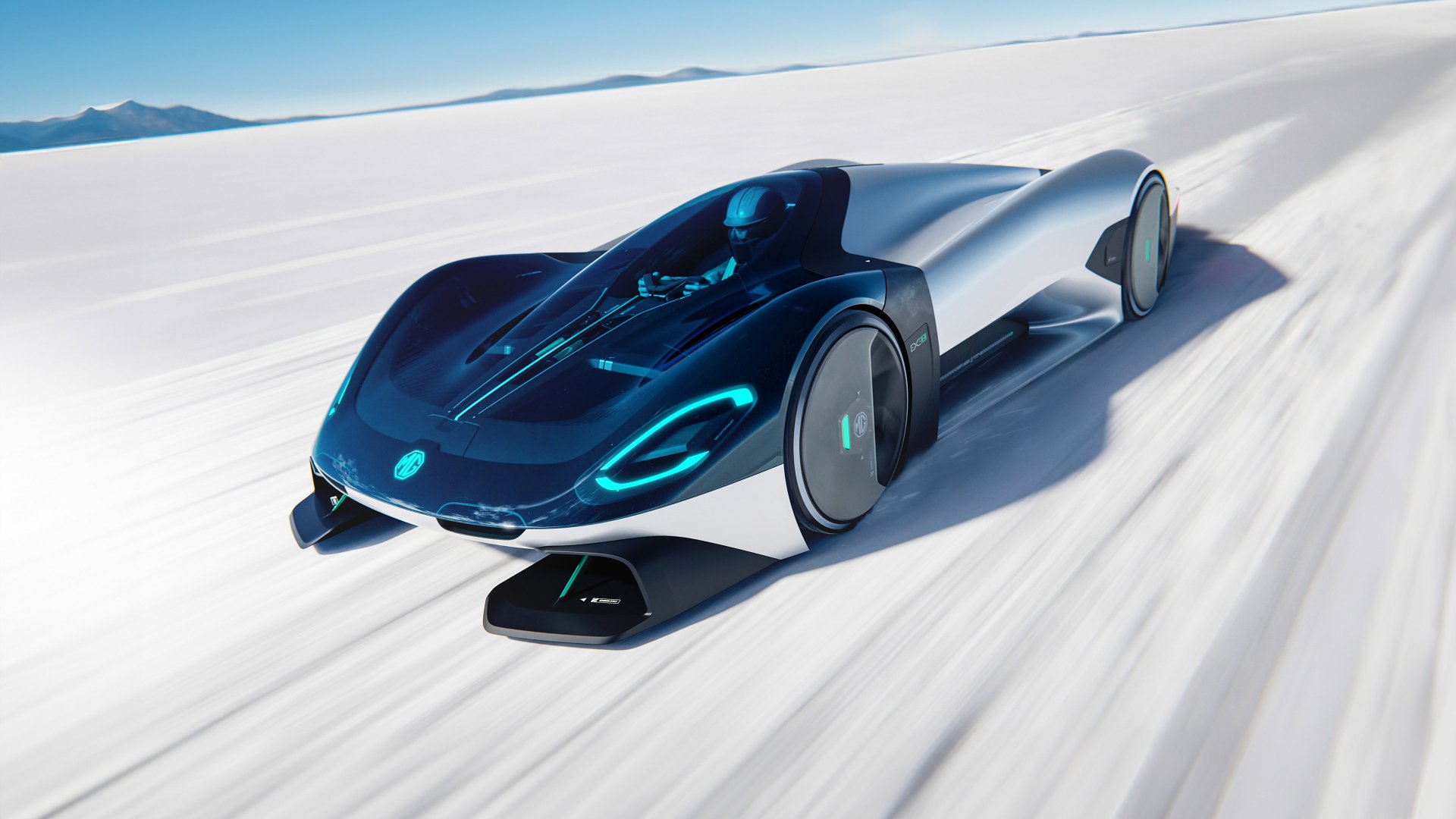 HD desktop wallpaper featuring the sleek and futuristic MG EXE181 car, racing across a vast, snowy landscape under a clear blue sky.