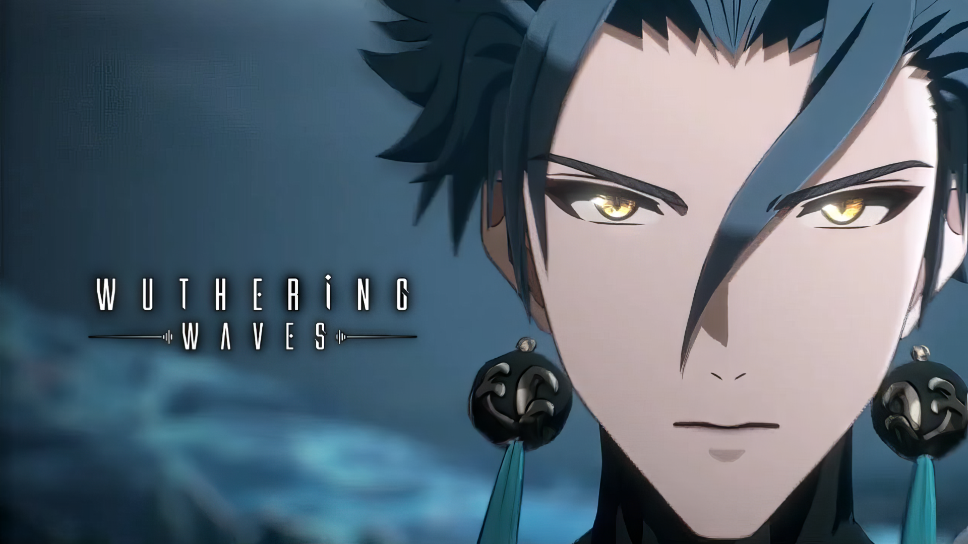 HD desktop wallpaper featuring Jiyan from the video game Wuthering Waves. The character's intense gaze and detailed artwork dominate the image, accompanied by the game's logo on the left.