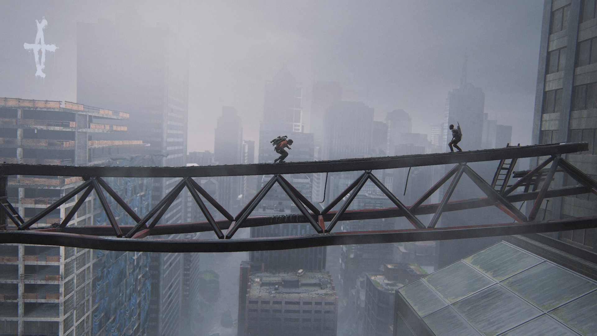 Abby Anderson (The Last of Us Part II) and another figure on a rusted skybridge high above a foggy, post‑apocalyptic city — 4K Ultra HD PC desktop wallpaper/background.