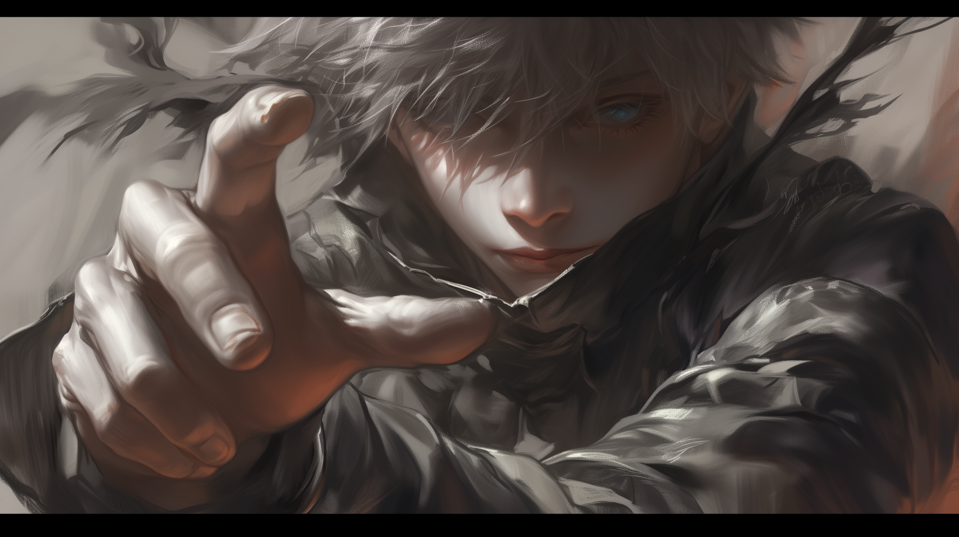 HD desktop wallpaper featuring Satoru Gojo from the anime Jujutsu Kaisen, with a dramatic close-up of his intense gaze and extended hand.