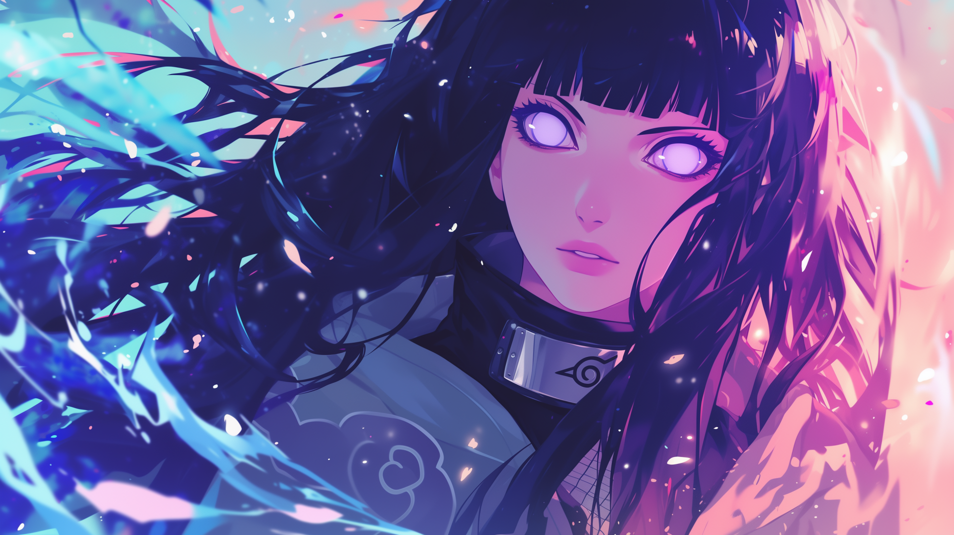 An HD desktop wallpaper featuring Hinata Hyuga from the anime Naruto, depicted with glowing eyes and surrounded by vibrant colors.