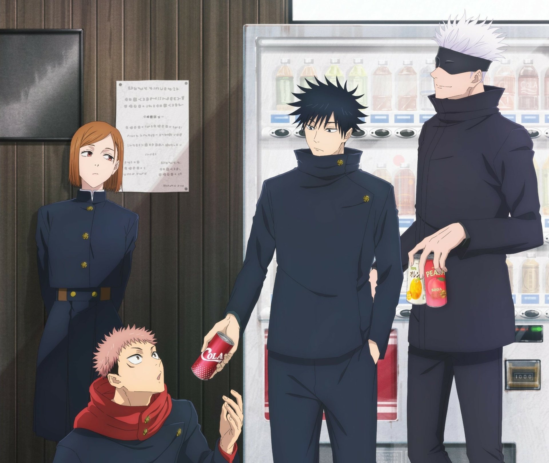 HD PC desktop wallpaper featuring characters from the anime Jujutsu Kaisen in school uniforms, standing near a vending machine.