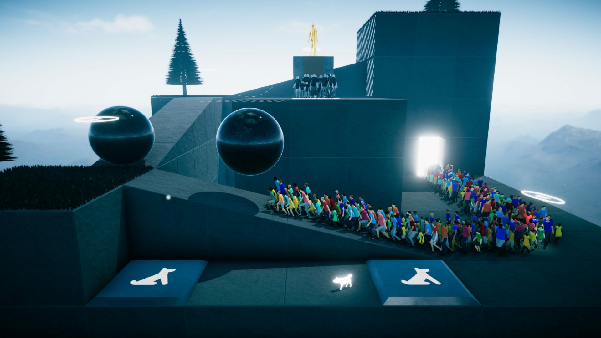 A HD desktop wallpaper featuring a scene from the video game Humanity (2024). The image shows a crowd of colorful figures navigating geometric structures under a bright sky.