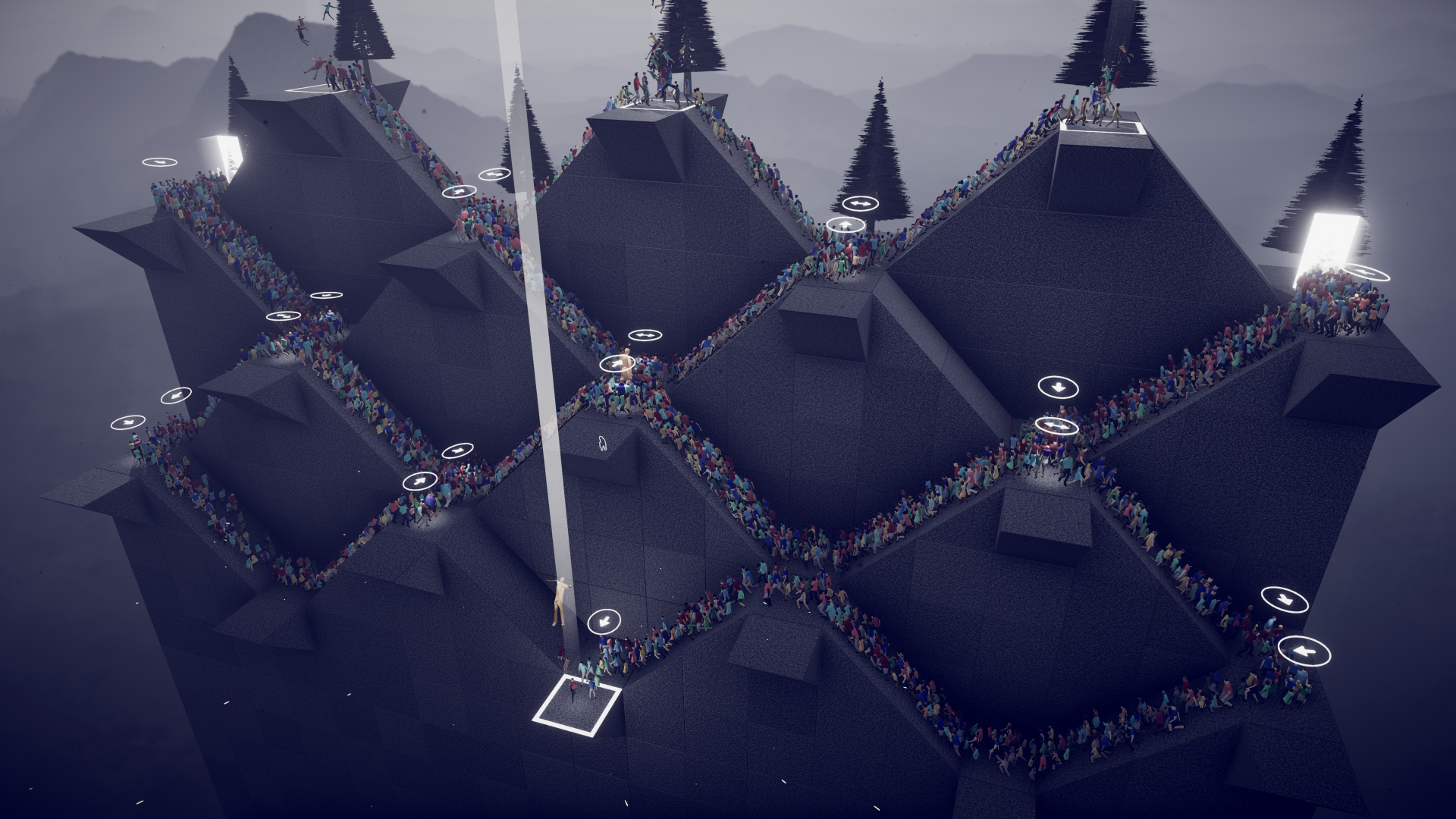 HD desktop wallpaper from the video game Humanity (2024), featuring intricate pathways filled with tiny figures navigating a mountainous terrain, under a misty, picturesque sky.