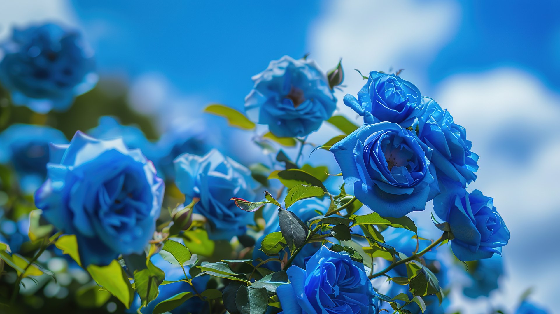 Vibrant blue roses bloom against a bright blue sky in this stunning 4K Ultra HD landscape wallpaper, capturing the beauty of nature with rich color and detail.