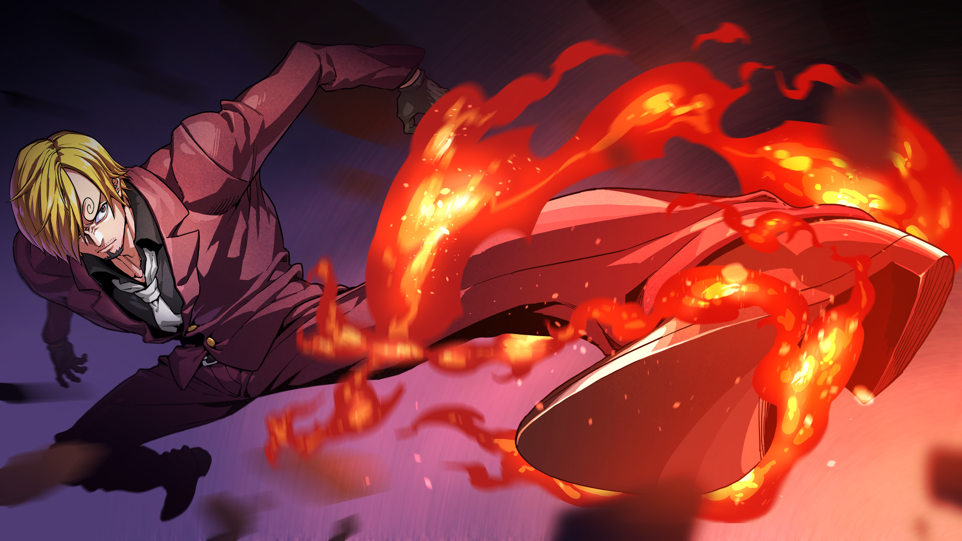 Anime One Piece: Sanji in a 4K Ultra HD PC desktop wallpaper, launching a fiery leg kick with flames trailing, wearing a purple suit against a dramatic shadowed background.