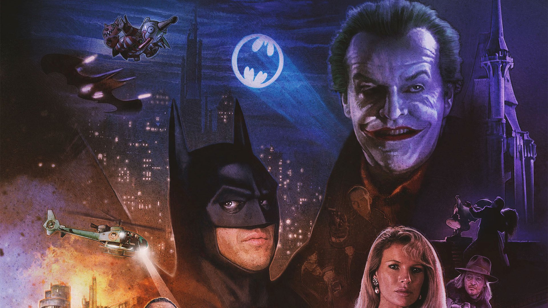 HD PC desktop wallpaper featuring Batman, the Joker, and other Gotham characters against a dark cityscape with the Bat-Signal illuminating the night sky.