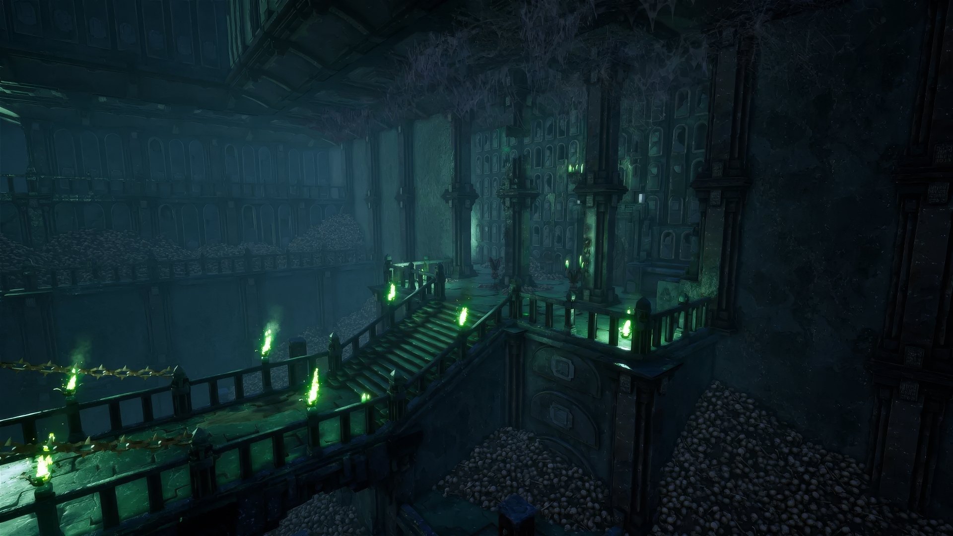 HD desktop wallpaper and background featuring a dark, mysterious scene from the video game Rise Online, showcasing a dimly lit, green-tinged staircase within an ancient, intricately designed structure.
